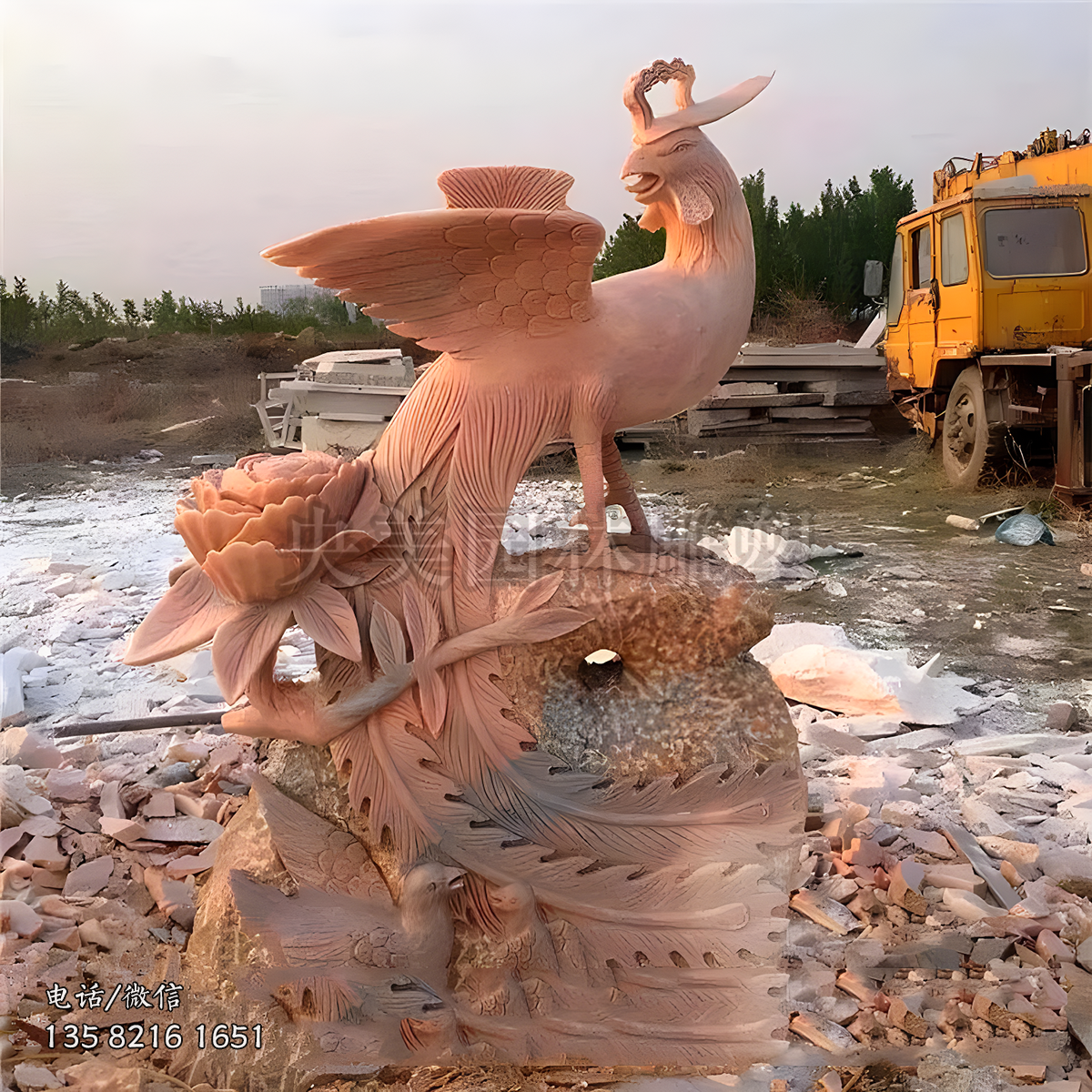 鳳凰牡丹石雕景觀擺件